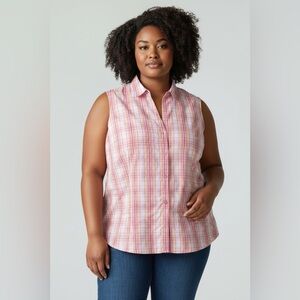 Basic Editions Women’s 3X Pink Plaid Sleeveless Button Up